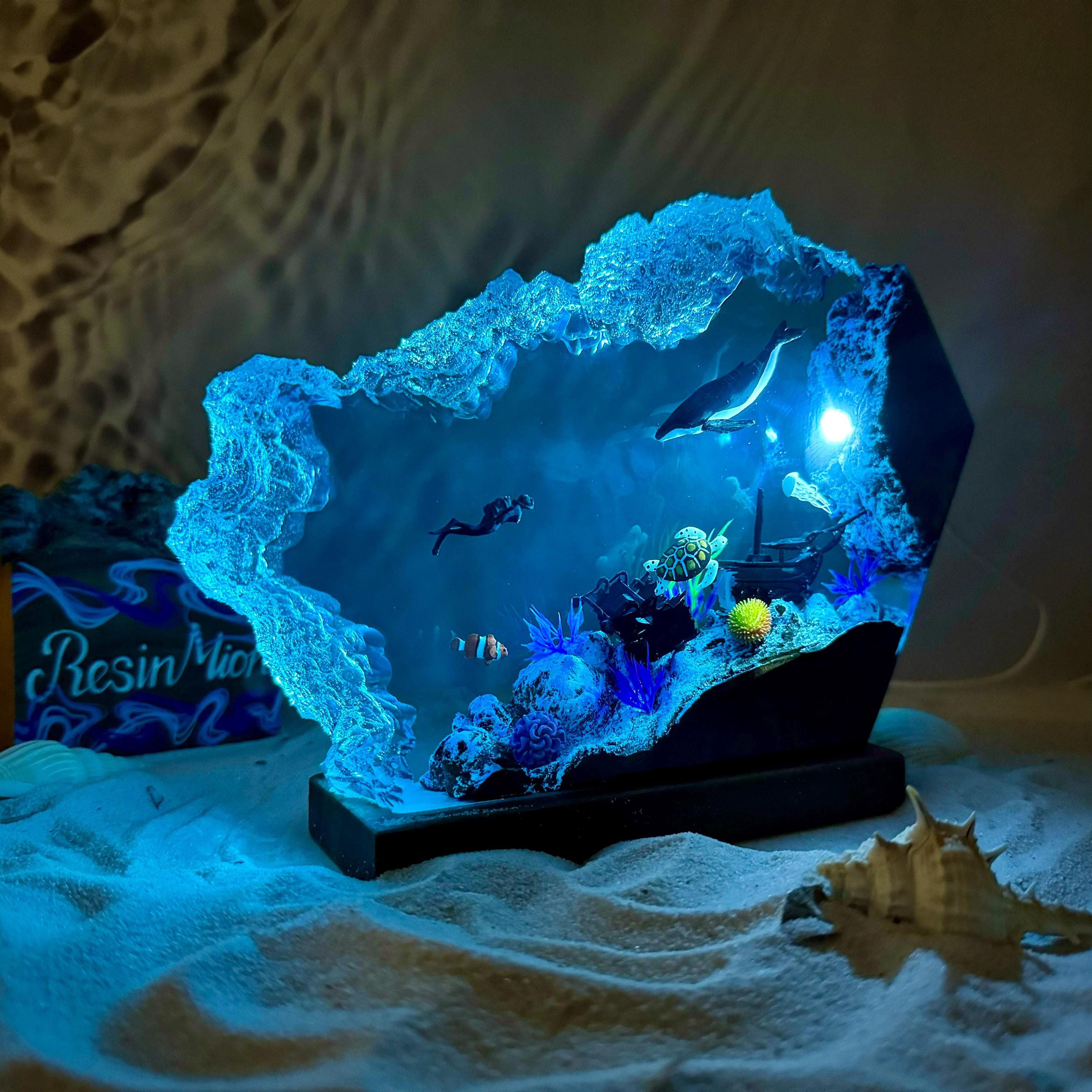 Epoxy Resin Wood Lamp,humpback Whale and Turtle Night Light,scuba