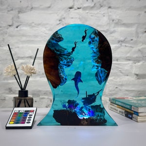 Epoxy Resin Lamp,Whale shark and divers headphone stand,Resin art lamp,resin night light,Birthday gifts for him,Handmade gift. Whale shark