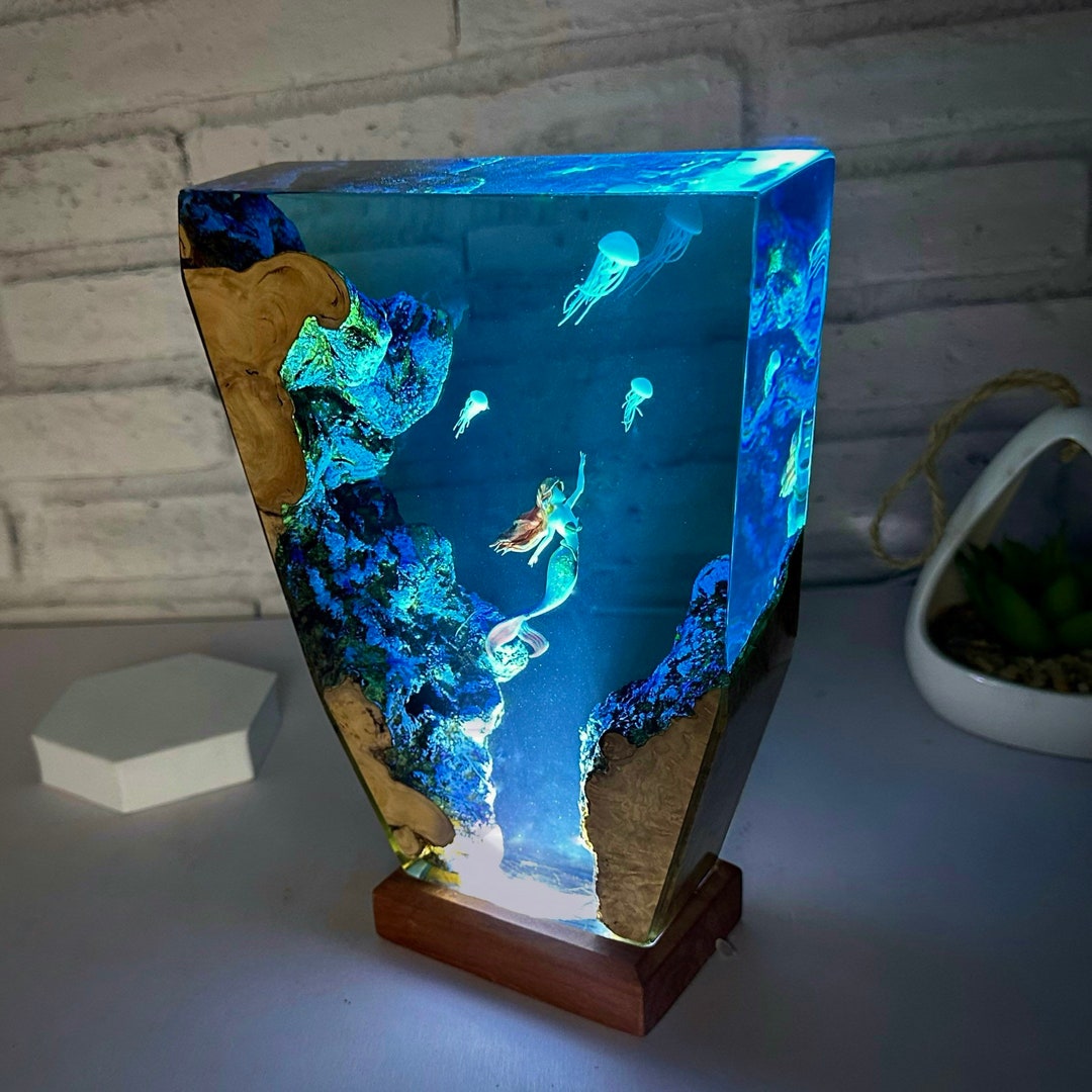 Mermaid and Jellyfish Resin Night Light,epoxy and Wooden Night Lights ...