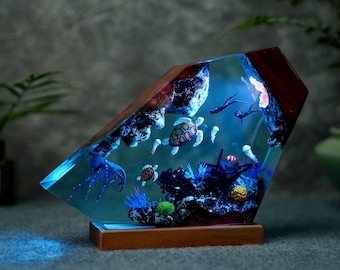 Xmas Gift 2025, Christmas gifts Octopus and diver resin night light, Turtle Resin Lamp, Desk Lamp, handmade furniture decor, Birthday gifts