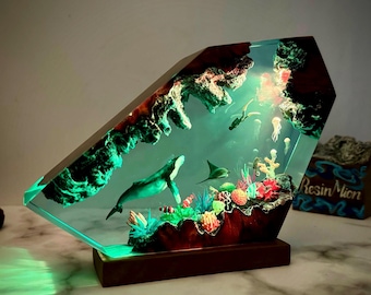 Turtles and Humpback Whale Resin wood lamp,Epoxy and Wooden Night Light, Ocean Resin Lamp, Birthday Gift,Easter gifts,Mother's day gift
