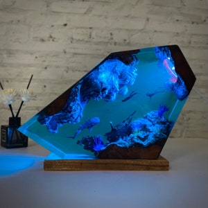 Epoxy Resin Ocean Lamp,Whale shark and diver night light,Resin Wood lamp,Home decor unique gift,handmade gift,Housewarming gift,gift for him