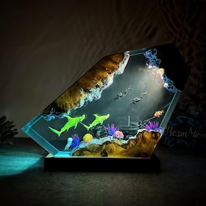 Hammerhead shark and diver resin wood lamp, Epoxy Resin Wood Rustic, furniture and decor, personalized gifts, gifts for her,gift for him