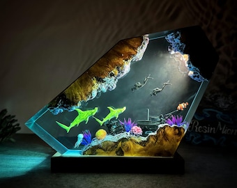 Hammerhead shark and diver resin wood lamp, Epoxy Resin Wood Rustic, furniture and decor, personalized gifts, gifts for her,gift for him