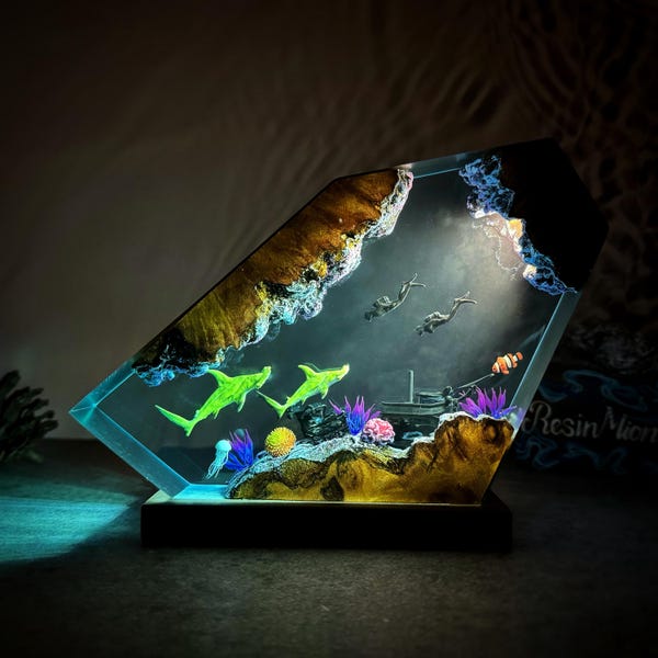 Lampe aus hammerhai und taucher harz holz, epoxidharz holz rustikal, möbel und dekor, personalisierte geschenke, geschenke für sie, geschenk für ihn