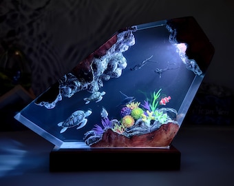 Turtles Coral Epoxy Resin Lamp - Unique Epoxy Night Light for bedroom, Manta Rays Lamp, Lighting Home Decor, Epoxy resin art , brother gift