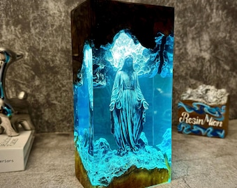 Blessed Mother Resin Wood lamp,Virgin Mary, Christian Art,Christian Bedside,Easter gifts, Housewarming gift, Religious Gifts,gift for Mom