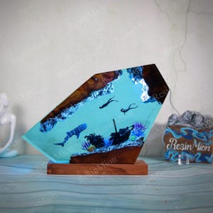 Epoxy Resin Ocean Lamp,Whale shark and diver night light,Resin Wood lamp,Home decor unique gift,handmade gift,Housewarming gift,gift for him
