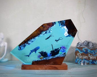 Epoxy Resin Ocean Lamp,Whale shark and diver night light,Resin Wood lamp,Home decor unique gift,handmade gift,Housewarming gift,gift for him