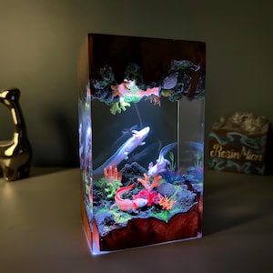 Axolotl Mexican Salamander night light, Ocean diorama epoxy resin lamp, handmade gift, gift for kid, unique handmade gift, art decor home