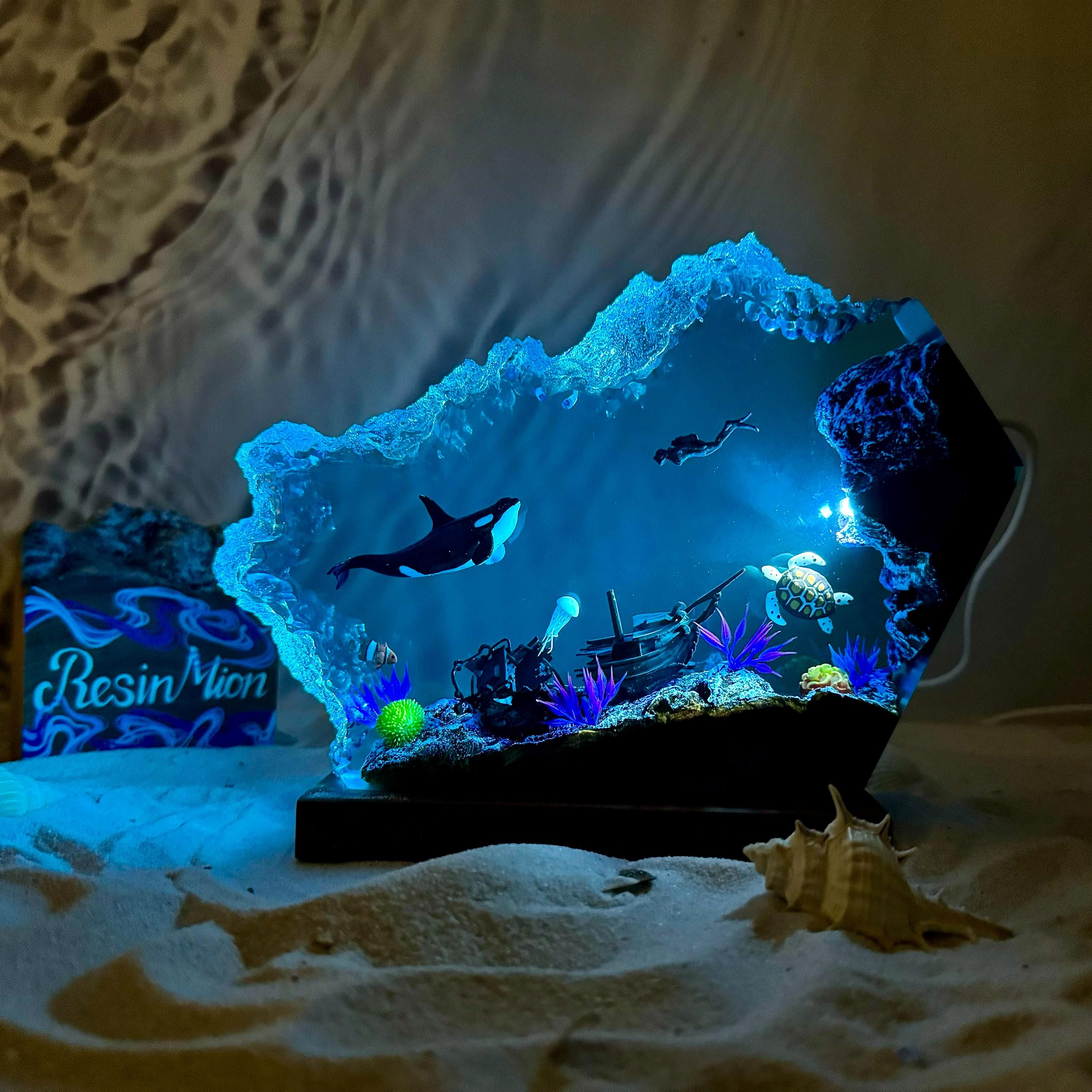 Orca Whale and Turtle Resin Wood Lamp ,killer Whale Resin Lamp