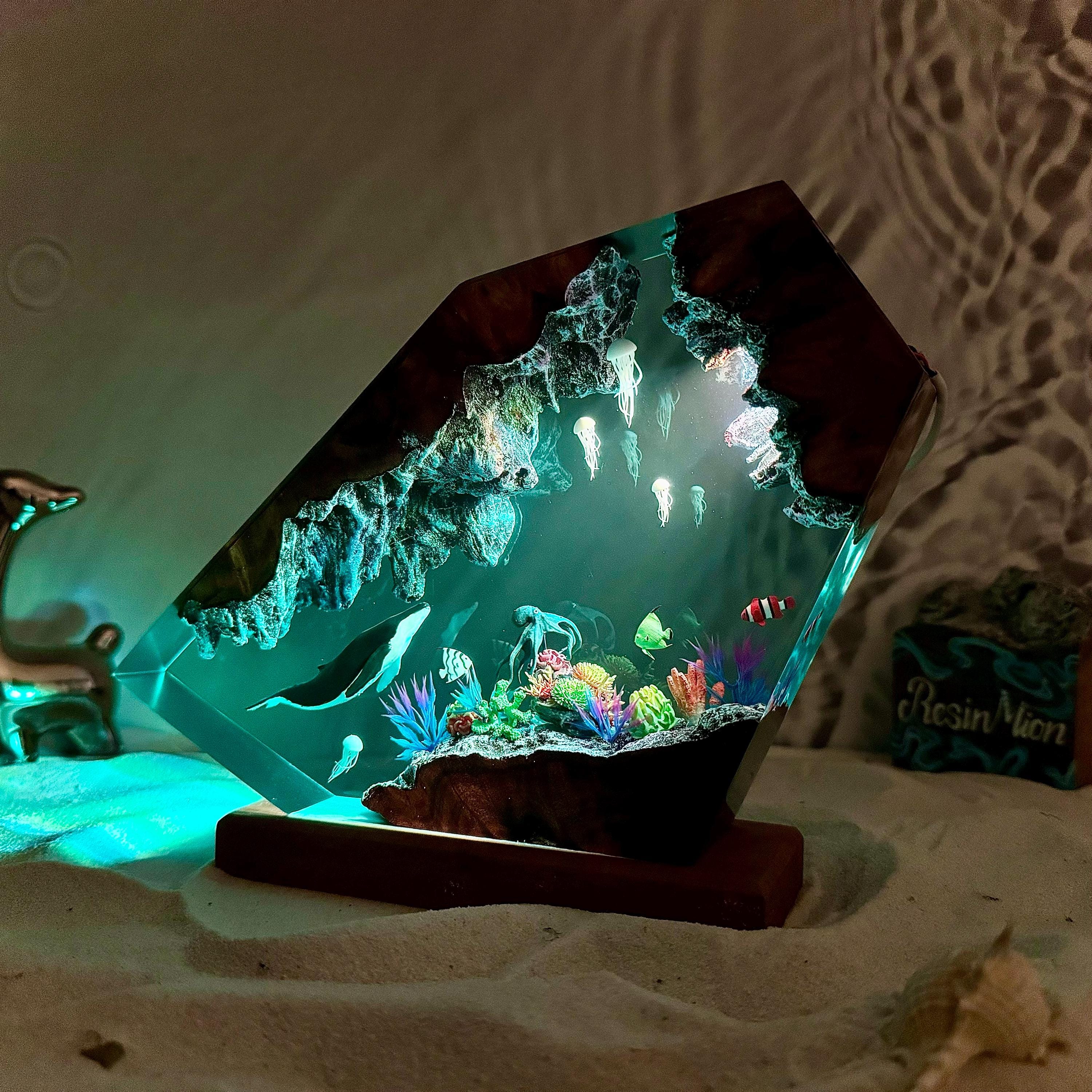 Humpback Whale and Jellyfish Resin Night Light, Unique Handmade