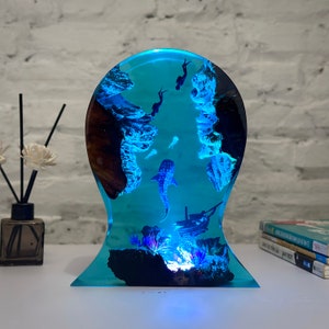 Epoxy Resin Lamp,Whale shark and divers headphone stand,Resin art lamp,resin night light,Birthday gifts for him,Handmade gift. image 4