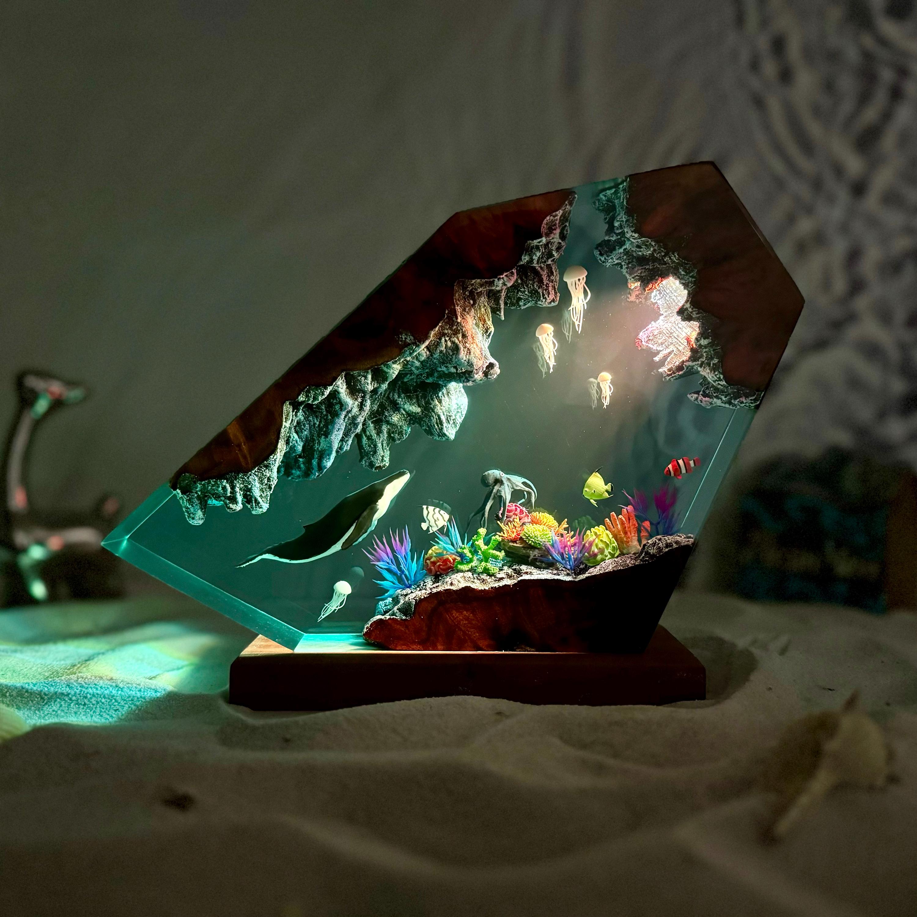 Humpback Whale and Jellyfish Resin Night Light, Unique Handmade