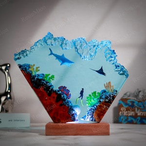 Great White Shark and Manta rays resin lamp,Epoxy Resin Wood Rustic,handmade gift,home decor,personalized gifts,gift father,Christmas gift