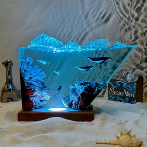 Humpback whale and diver night light,Epoxy resin wood lamp,Scuba diving night light,Christmas gift for him,Unique summer gift,home decor