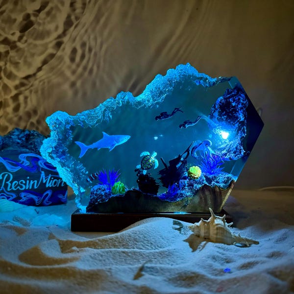 Shark and Diver Resin wood lamp,Epoxy Resin Table Lamp, GreatWhite Shark,Handmade gift,Valentine Gifts, Gifts for Her,gift for friend.