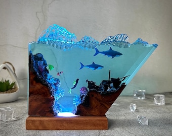 Daddy/Mother Shark and baby shark lamp,Epoxy Resin Table Lamp, Ocean Resin Lamp,Lighting Home Decor,Gifts for Her,Kid gifts, Gifts for dad