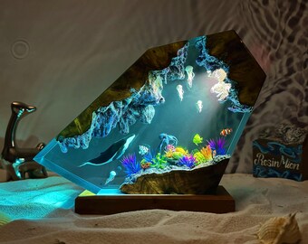 Humpback Whale and Jellyfish Resin Night Light, Unique Handmade