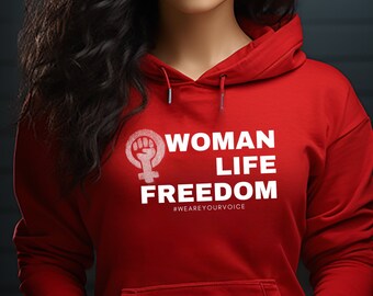 Woman Life Freedom Sweatshirt Hoody Unisex eco raglan women hoodie - support of Iranian Protests Jin Jiyan Azadi Womens Rights