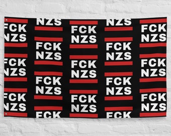 May include: Black and red flag with the text "FCK NZS" repeated in a grid pattern.