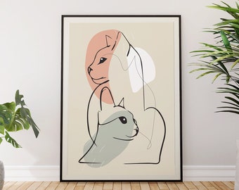 Line Art Print, Cat Lover Art, Cat Line Art Poster, Cats Line Drawing Art, Minimalist Two Cat Line Art, Cats Wall Art, Printable Wall Art