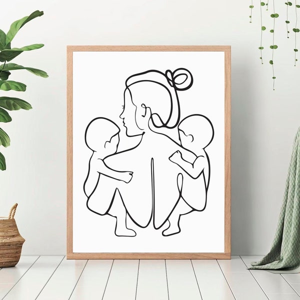 Line Art Print, Twin Mom, Newborn Twins Print, Mom of 2, Mom and Baby, Newborn Gift, Mom Gift, Minimalist Line Art, Wall Art Print, DIGITAL