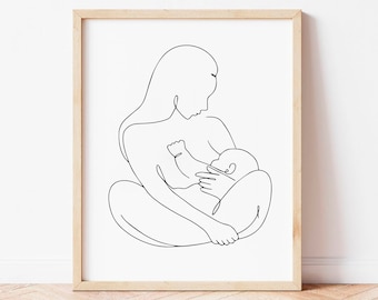 Mom and Baby, Line Art Print, Breastfeeding Art, Gift for Mum, Newborn Print, Minimalist Line Art, Nursery Wall Decor, Printable Line Art