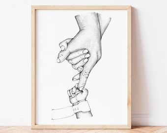 Arte lineal familiar, impresión lineal de mamá, papá y bebé, familia tomada de la mano imprimible, mano de recién nacido con etiqueta, arte de pared tomados de la mano, póster familiar