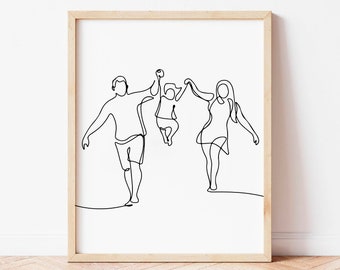 Impresión de arte lineal, impresión artística de mamá, papá e hijo, póster familiar, arte lineal familiar, arte minimalista, imprimible de familia tomada de la mano, arte mural familiar