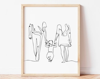 Family Line Art, Mom Dad and Child Art Print, Family Line Art Portrait, Family Holding Hands Printable, Minimalist Art, Printable Wall Art