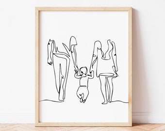 Arte lineal familiar, impresión artística de mamá, papá e hijo, retrato artístico lineal familiar, familia de la mano imprimible, arte minimalista, arte mural imprimible