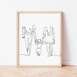 Family Line Art, Mom Dad and Child Art Print, Family Line Art Portrait, Family Holding Hands Printable, Minimalist Art, Printable Wall Art