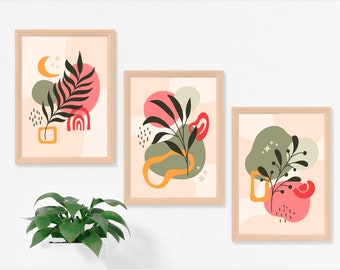 Abstract Botanical Print Set of 3, Abstract Boho Leaf Art Prints, Boho Gallery Wall Set, Geometric Mid Century Modern Decor,DIGITAL DOWNLOAD