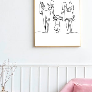 Family Line Art, Mom Dad and Child Art Print, Family Line Art Portrait ...