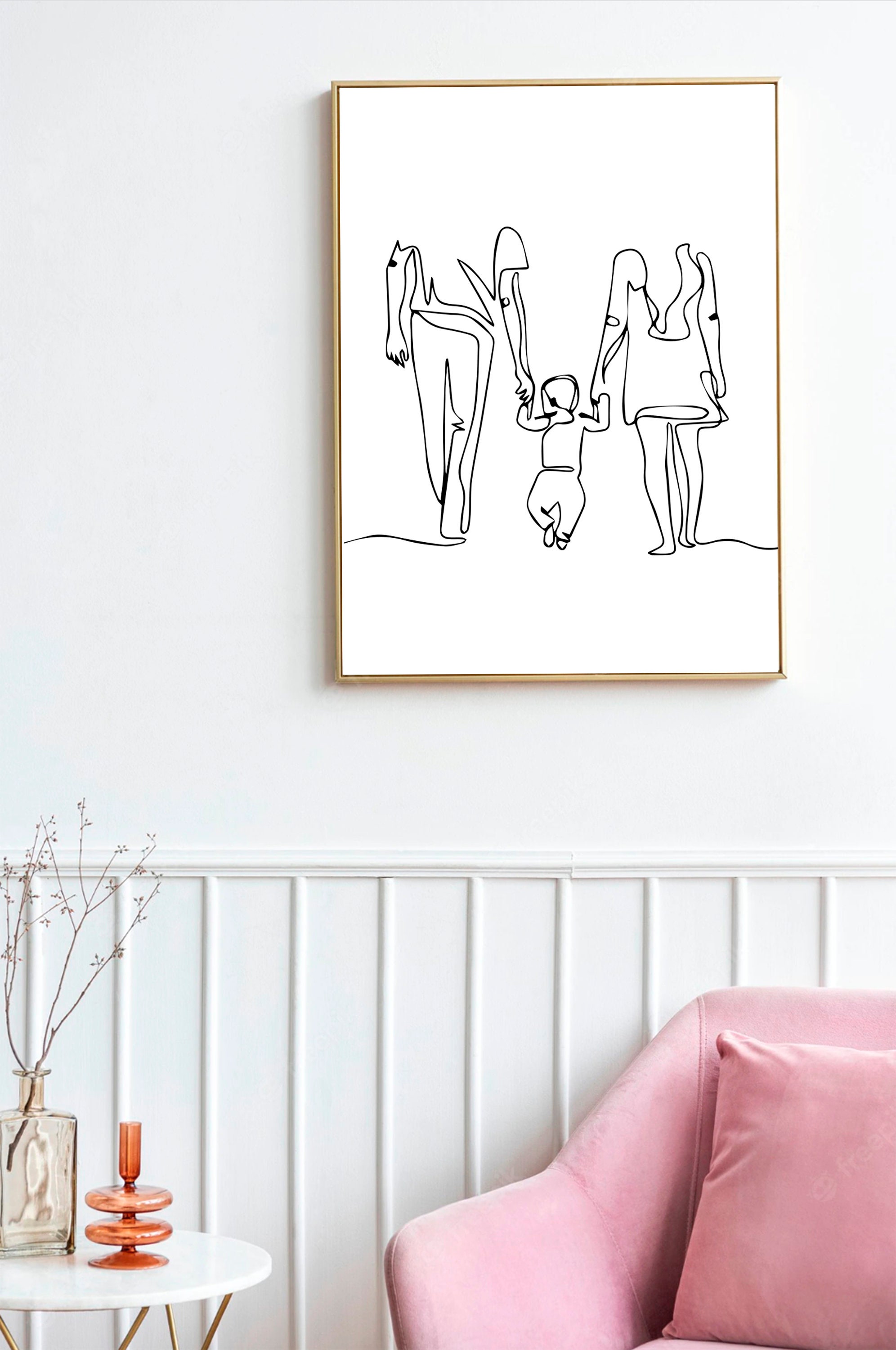 Family Line Art, Mom Dad and Child Art Print, Family Line Art Portrait ...