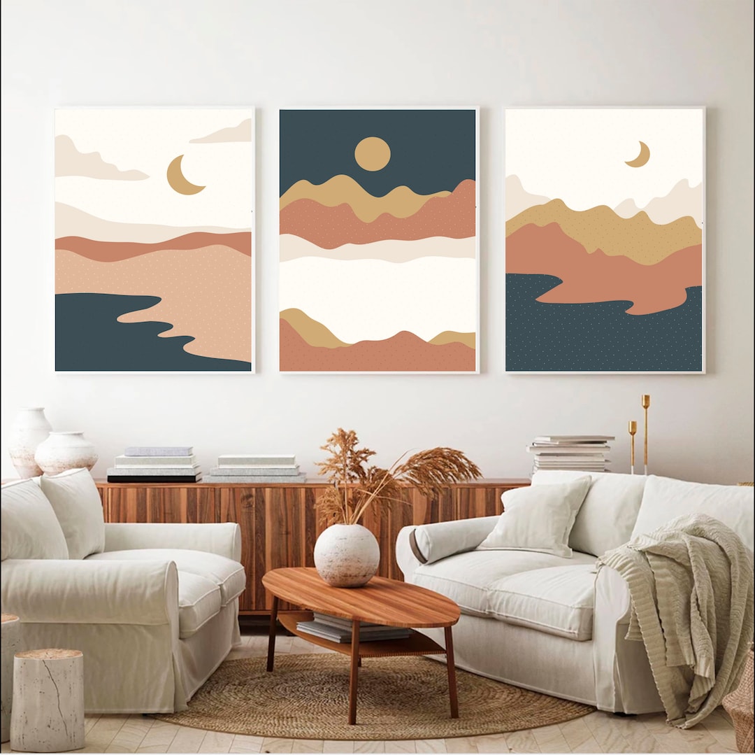 Boho Art Set of 3 Prints, Boho Sun and Moon Wall Art, Terracotta Wall ...