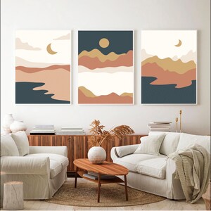 Juego de 3 láminas de arte bohemio, arte mural bohemio de sol y luna, arte mural de terracota, paisaje abstracto, arte moderno de mediados de siglo, lámina de sol y luna.