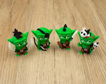 Conjunto de miniaturas de goblins | Arqueiro, druida, guerreiro e ladino | Criação de fantasia impressa em 3D