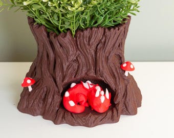 Boomstronkplanter slapende draken | 3D-geprinte fantasieplantpot met paddenstoelen voor vetplanten