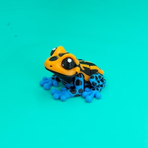 Op de afbeelding: Een kleurrijk kikkerbeeldje met een gele kop, zwart-gele strepen en blauwe poten. De kikker heeft grote, zwarte ogen en staat tegen een turquoise achtergrond. Een grillige toevoeging aan elke verzameling.