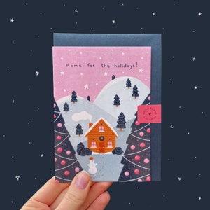 Huis voor de feestdagen - Kerstkaart A6, Illustratie, Digitale afbeelding, Wenskaart, Cadeau, Vakantie, Feestseizoen, Sneeuw, Sneeuwpop
