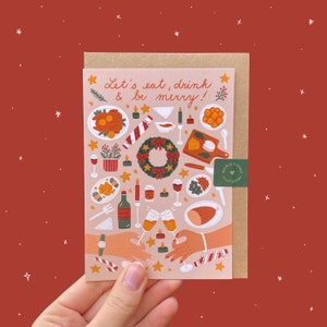 Mangiamo, beviamo e siamo allegri - Biglietto di Natale A6, Illustrazione, Illustrazione digitale, Biglietto d'auguri, Regalo, Vacanza, Cena, Vino, Cibo, Bevande
