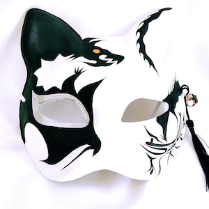 Máscara kitsune unisex para hombre, disfraz de Halloween, máscara blanca y negra, anime japonés, zorro hecho a mano de Japón, máscara de mega dragón.