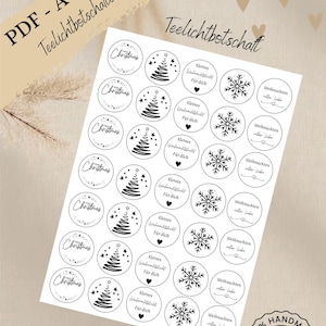 May include: A sheet of circular Christmas stickers featuring black and white designs. The stickers include Christmas trees, snowflakes, and text such as "Christmas" and "For you." There is also a "Download" button and a "Handmade with Love" seal.