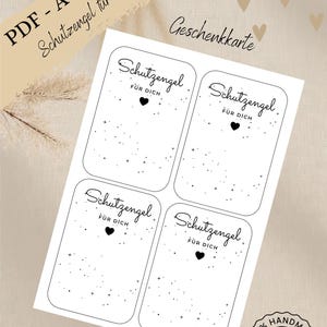Könnte beinhalten: Ein Bogen weißer Geschenkanhänger mit den Worten "Schutzengel für dich" und einem Herzdesign. Der Bogen enthält auch die Worte "PDF - A4 Vorlage Schutzengel für dich" und "Geschenkkarte". Ein "Download"-Button ist sichtbar.
