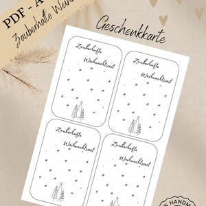 May include: Printable gift tags with the text "Zauberhafte Weihnachtszeit" and "Geschenkkarte". Each tag features a Christmas tree design and snowflakes. The words "Download" and "Handmade with Love" are also visible.