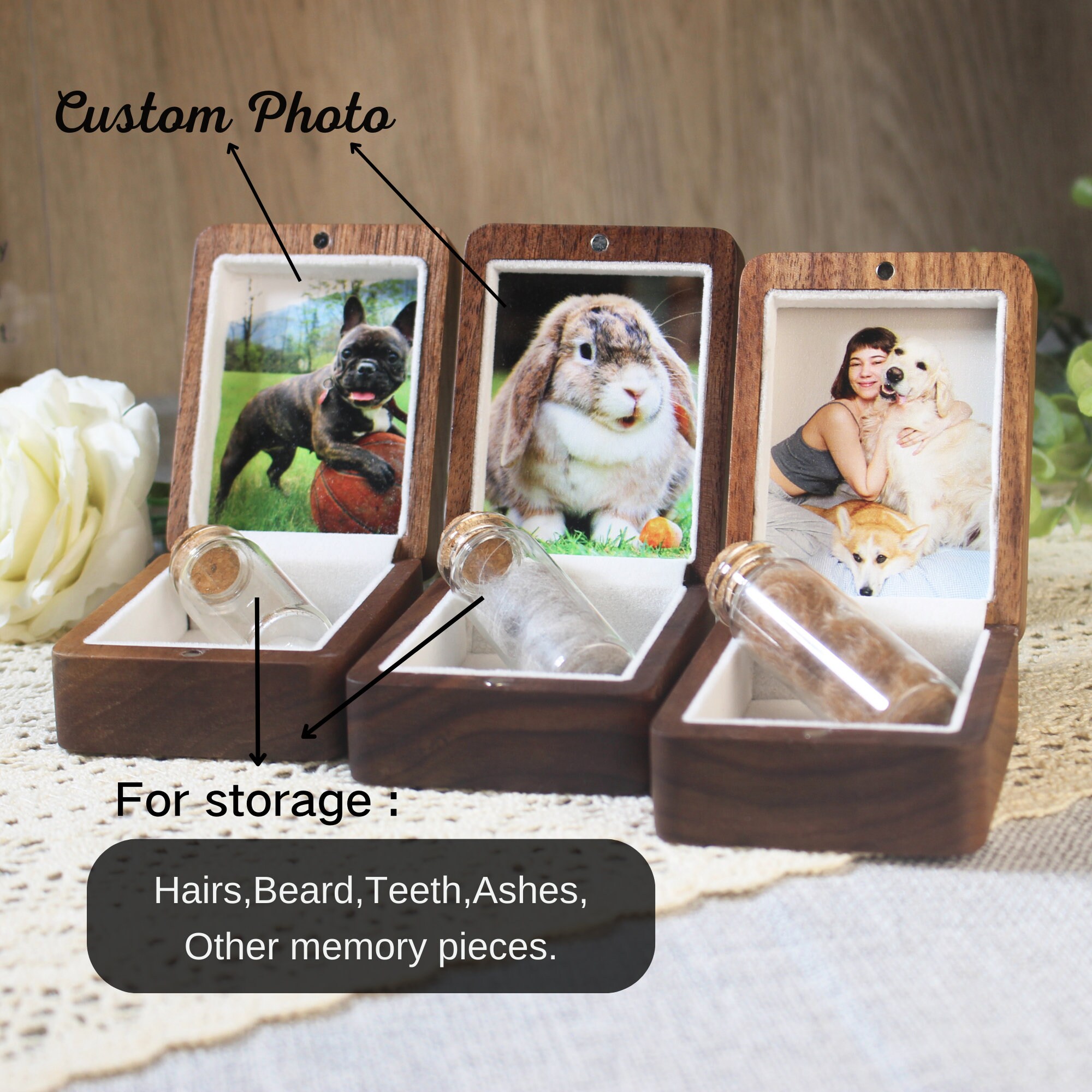 Boîte Souvenir Personnalisée Pour Animal De Compagnie - En Bois (noyer Ou Cerisier) - Avec Flacon En Verre - Cadeau Condoléances Perte Chien/chat