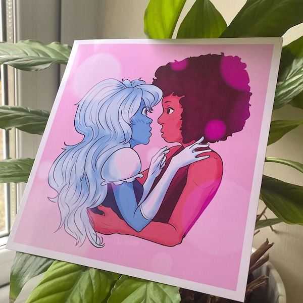 ruby and sapphire poster, digital art print, wall art (steven universe, pastel, kawaii, cute, love, ruby x sapphire, aesthetic)