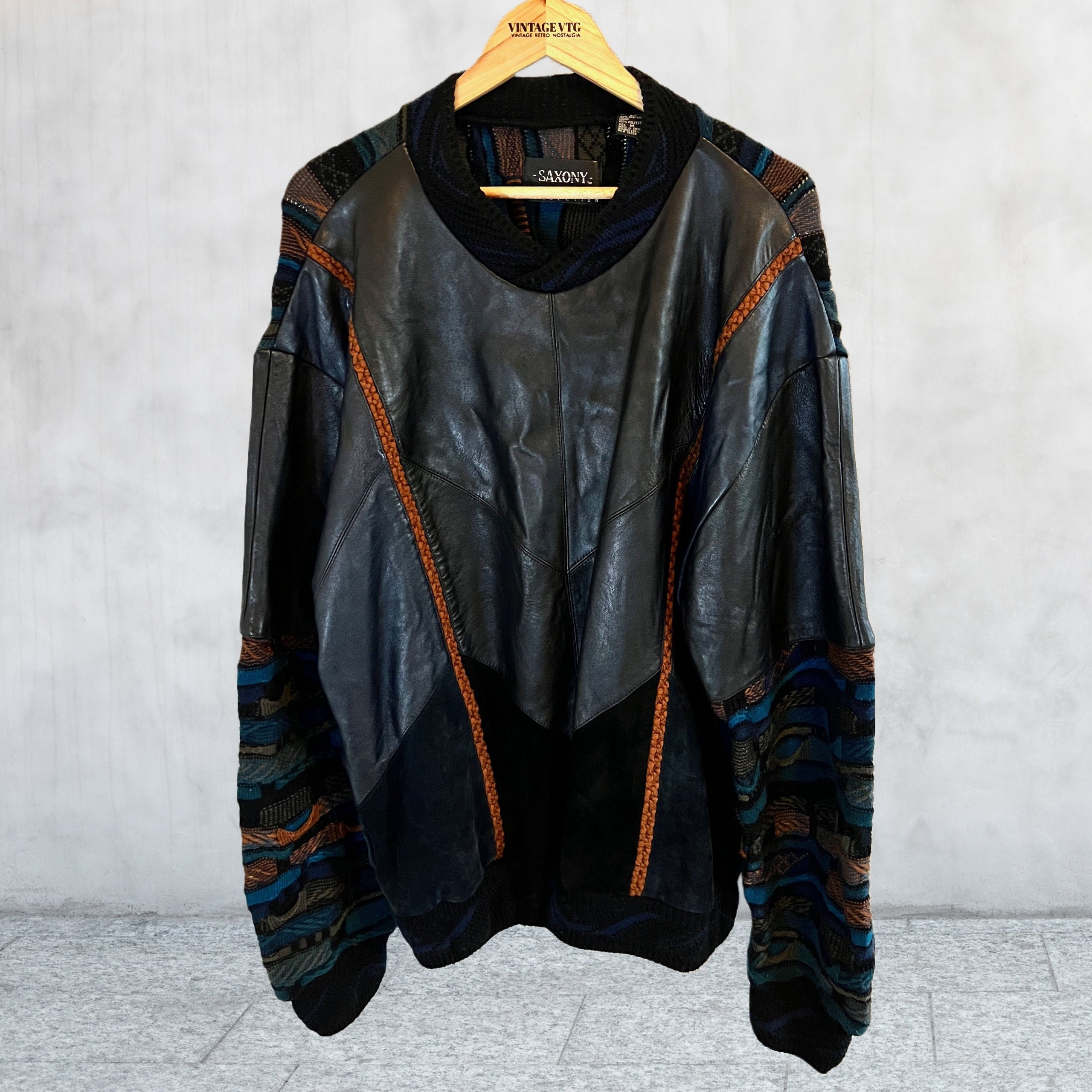 Vintage 80s Saxony Sweater Leather, Suede and Wool. 80s Hip Vintage 80s Saxony Sweater Leather, Suede and Wool. 80s Hip